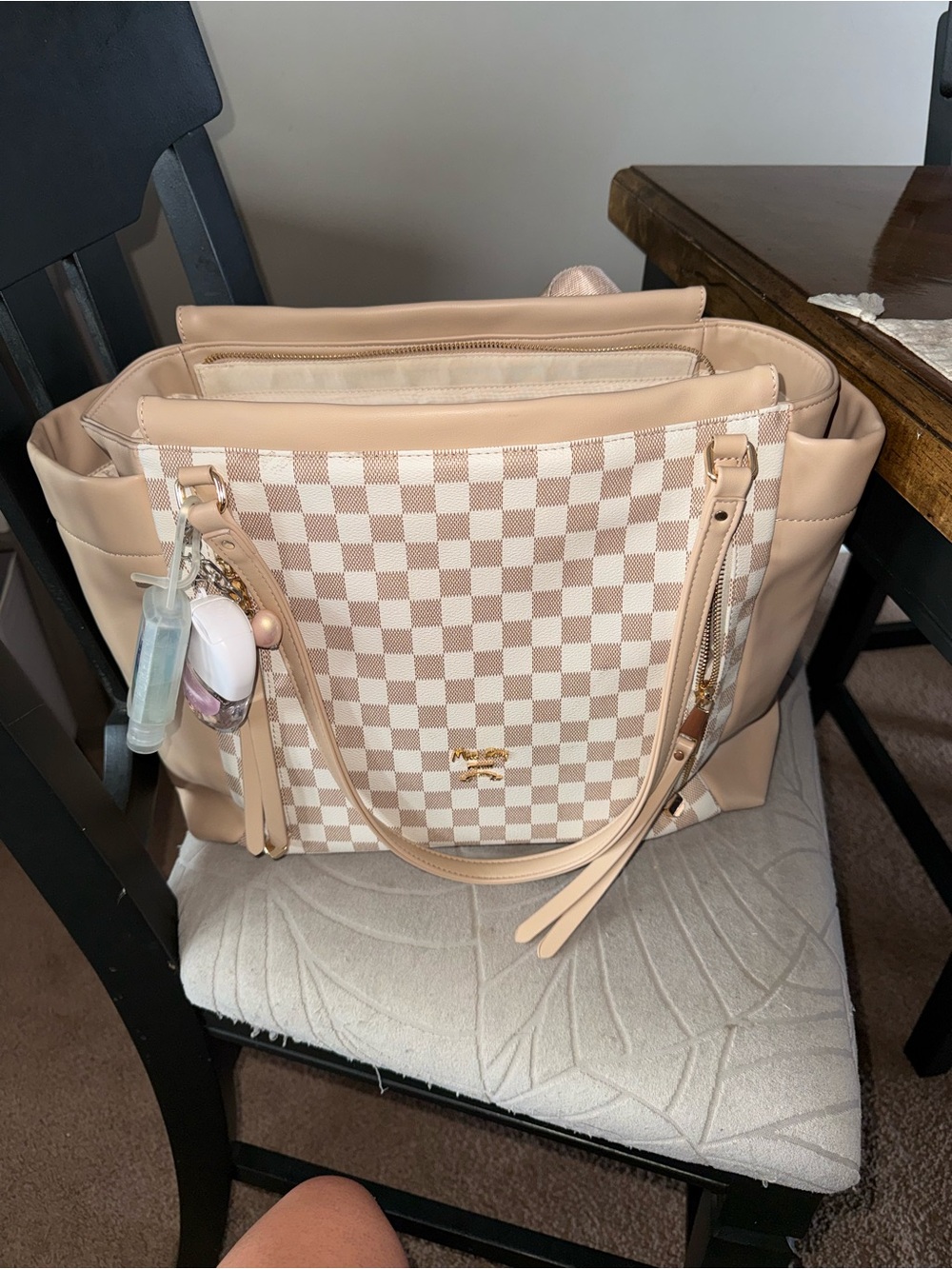 Beige Checkered Tote with Smooth Trim - Womens Baby Bag